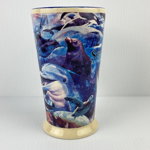 SeaWorld Tall Coffee Mug 16 oz Blue Whale Dolphin Seal Lion Artwork - Picture 3 of 6